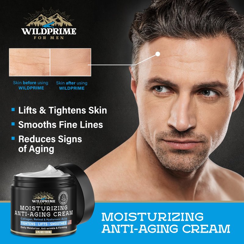 Men's Face Moisturizer Cream - Anti Aging & Wrinkle - Men's Shave Lotion - Made in USA - Collagen, Hyaluronic Acid, Vitamins E & A, Avocado Oil - Age Facial Skin Care, Day & Night Moisturizing, 4 oz