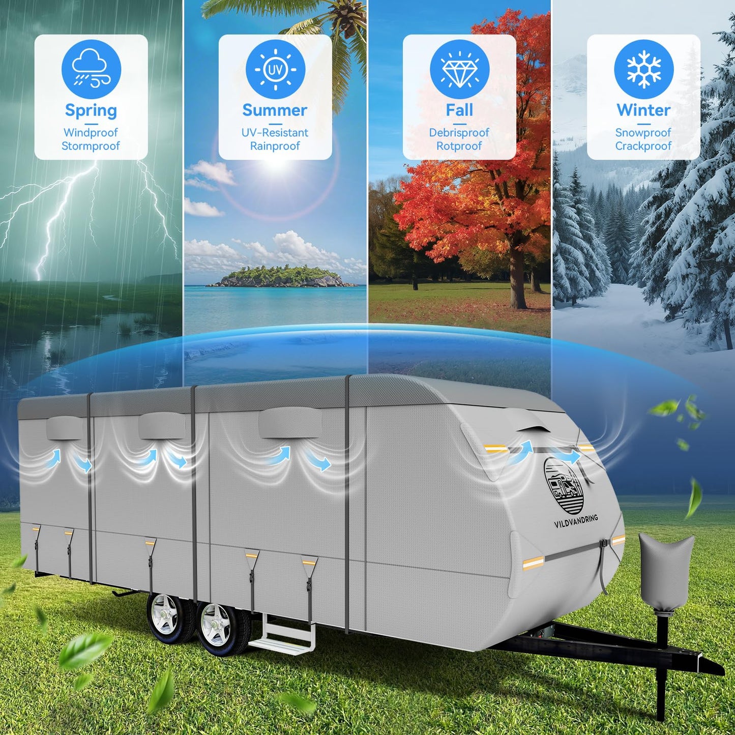 Heavy Duty Travel Trailer RV Cover 24-27ft, Rv Trailer Cover 8 Layers Breathable Waterproof Rip-Stop Camper Cover with Adhesive Repair Patches, Gutter, Tire & Additional Straps