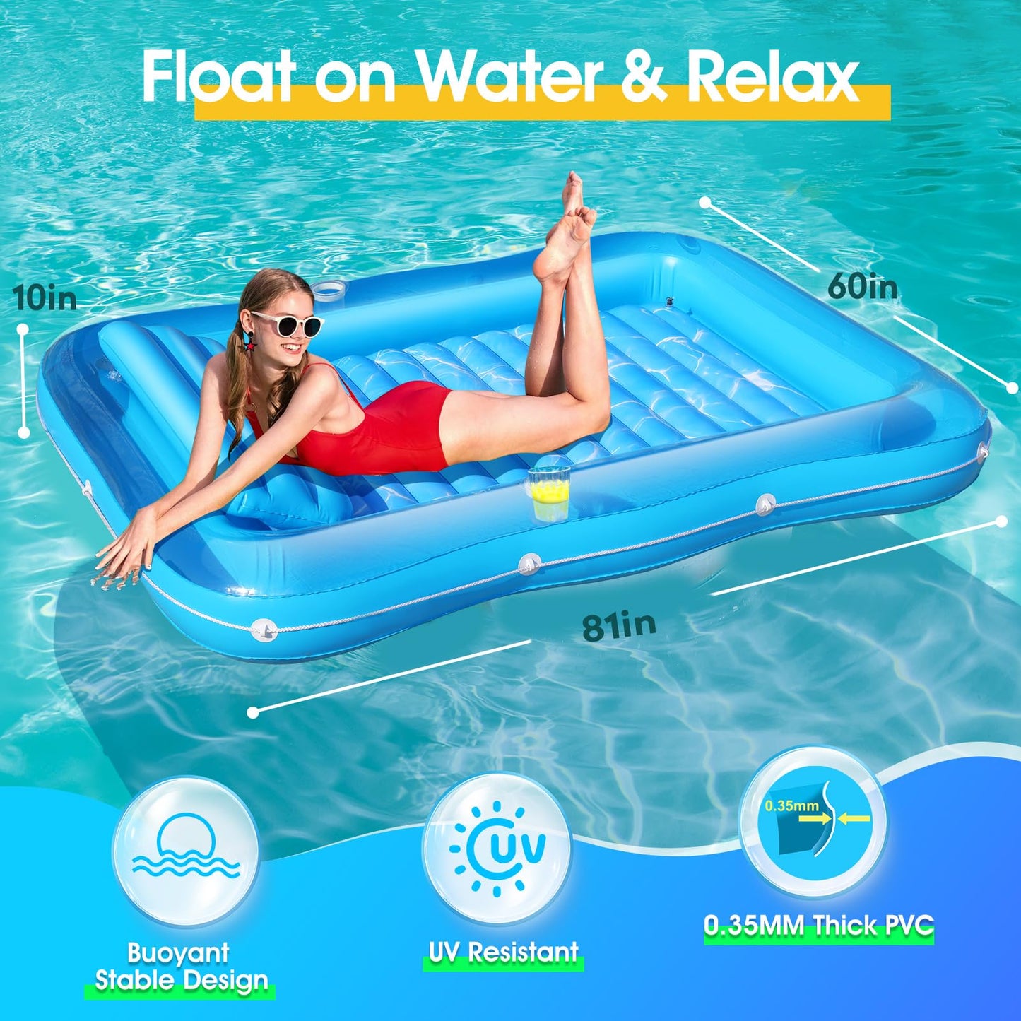 Junbig Inflatable Tanning Pool for 2 Person, 81''x 60'' Tanning Pool Lounger Float with Pillow, Thicken Sutan Tanning Bed Pool Floats Adult w/2 Cup Holders, Water Tanning Pools for Backyard Lake Party
