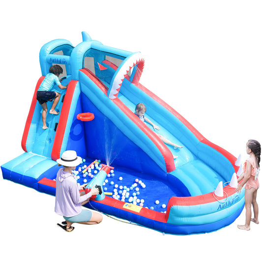 AirMyFun Bounce House, Sharks Theme Inflatable Bouncy House with Slide, Kids Bounce House Water Park with Slides Bouncer Castle with Splash Pool, Climbing Wall, Ball Shooting