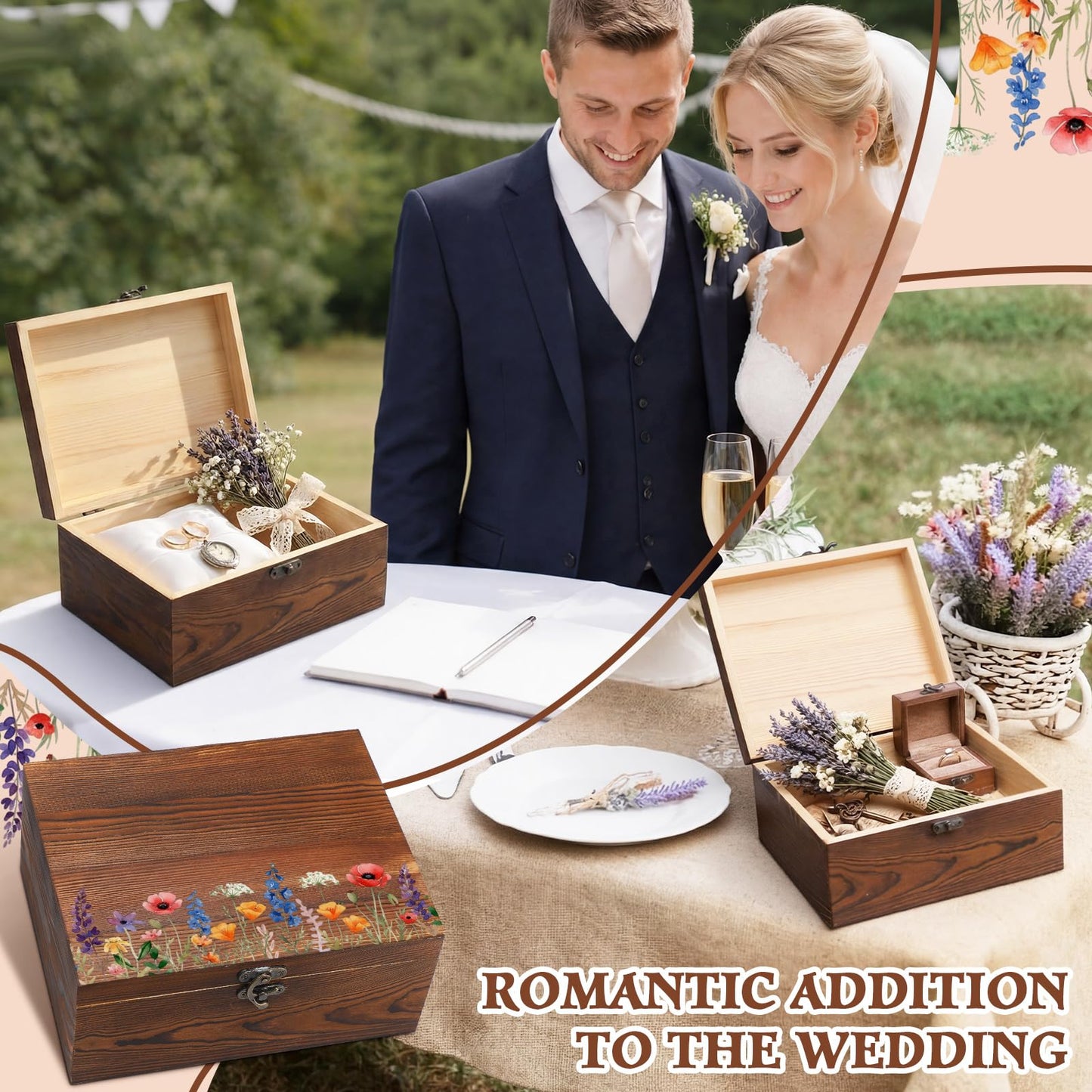 Gerrii Wildflower Wooden Keepsake Box Wedding Baby Shower Spring Flower Memory Storage Box with Buckle for Birthday Baby in Bloom Party(Wildflower Mix,Brown,11.02 x 8.86 x 4.92 Inches)