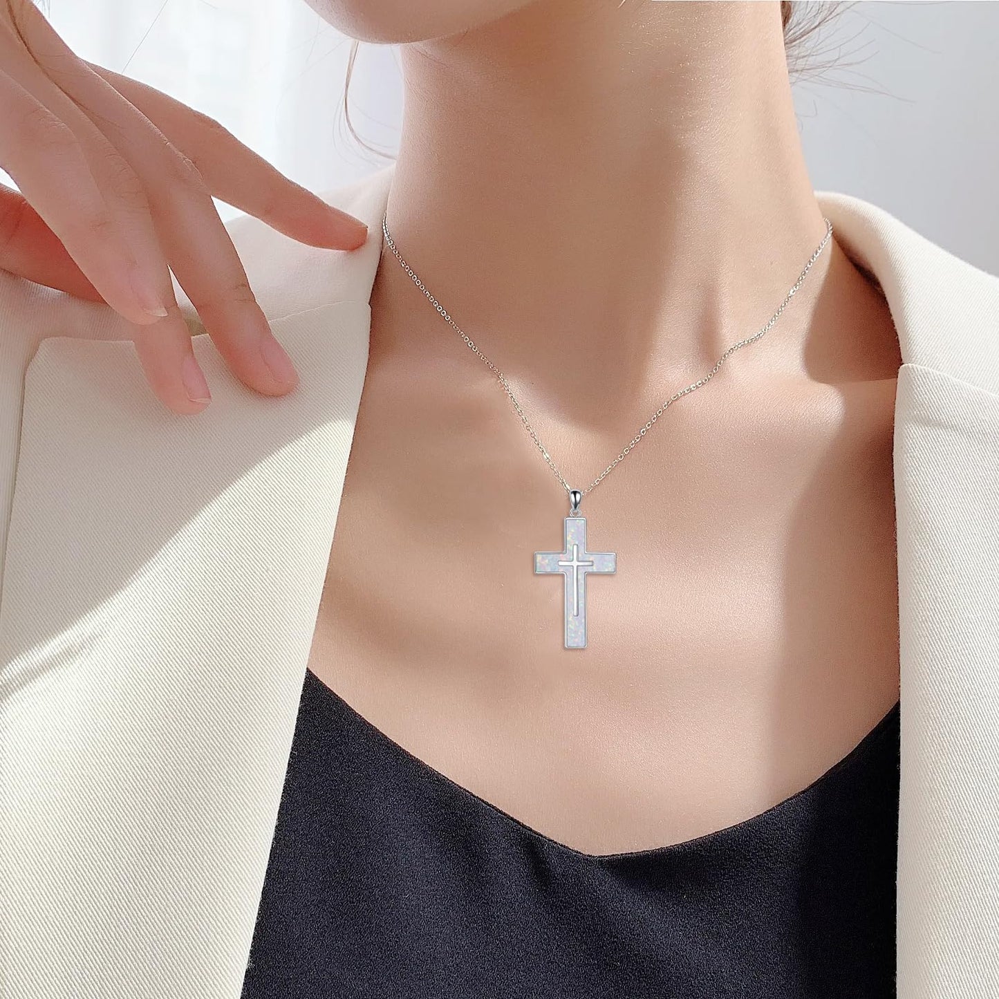 YFN White Opal Cross Necklace Sterling Silver Cross Pendant Jewelry Gifts for Women Men