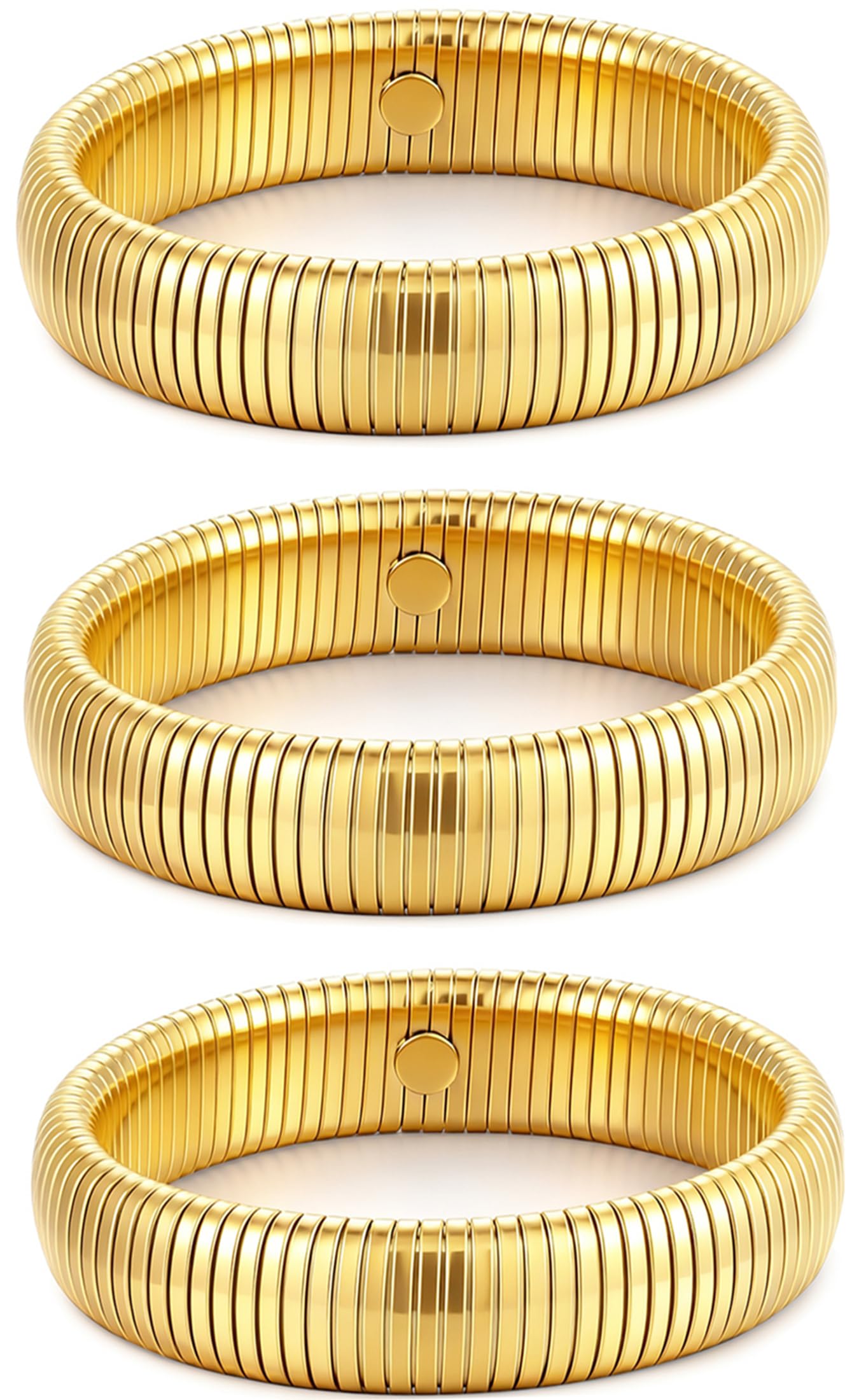 JUNYANGY Gold Bangles for Women Set of 3 Chunky Stretch Bangles Bracelets 24K Gold Plated Stainless Steel Bracelets Flexible Wide Stack Bracelets Designer Look Alike Jewelry for Women (12mm Gold)