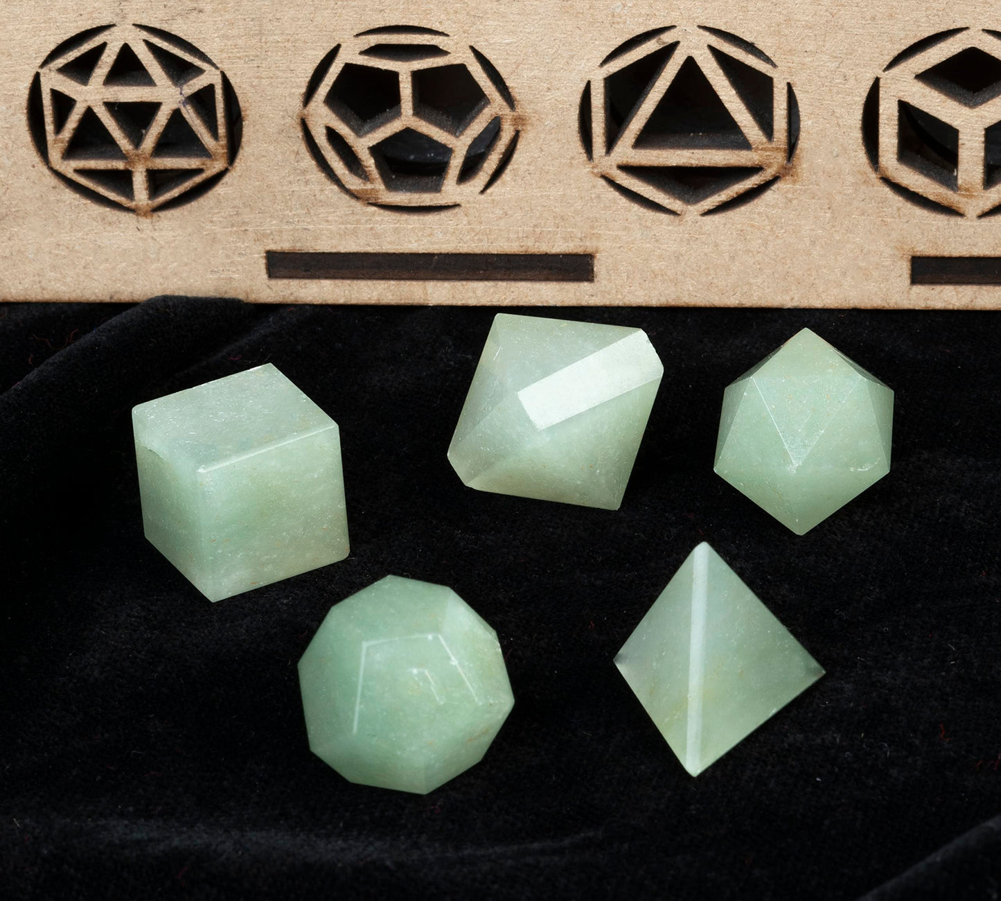 Green Jade Platonic Solids Sacred Geometry Crystal Set – 7 Pcs Carved Gemstone Shapes for Meditation, Reiki, Chakra Balancing Energy Healing | Spiritual Crystal Grid Stones Good Luck Gift (15–20 mm)