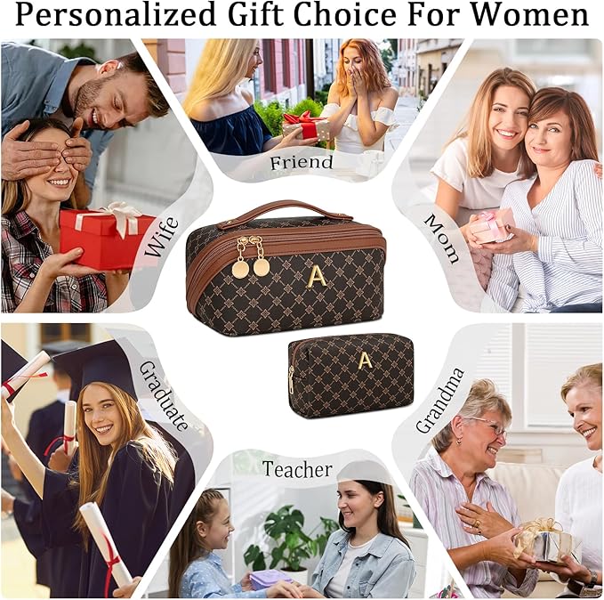 Birthday Gifts for Women Teen Girl, Personalized Initial Makeup Organizer Bag Set, Open Flat Travel Cosmetic Bag With Clear Divider and Handle(Coffee,A)