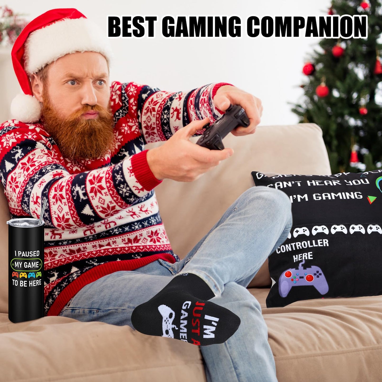 Ziliny 6 Pcs Gamer Gifts Sets for Boys Gaming Throw Blanket Tumblers Funny Pillow Covers Socks Keychain and Gifts Box for Boys Men Teen Gamer Lover