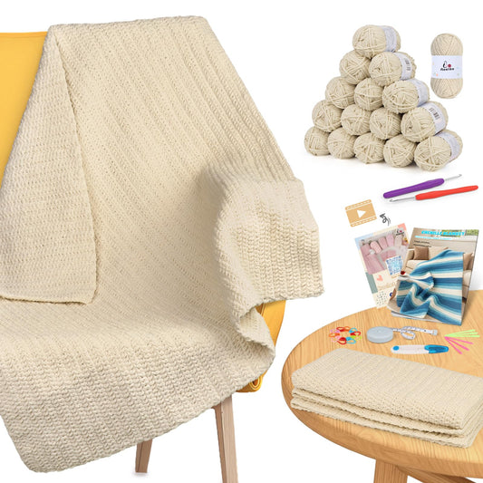 Aeelike Blanket Crochet Kit for Beginners, Easy Crochet Blanket Kit with Soft Chenille Yarns Detailed Instruction Crocheting Accessories Complete Beginners Crocheting Kits, Khaki