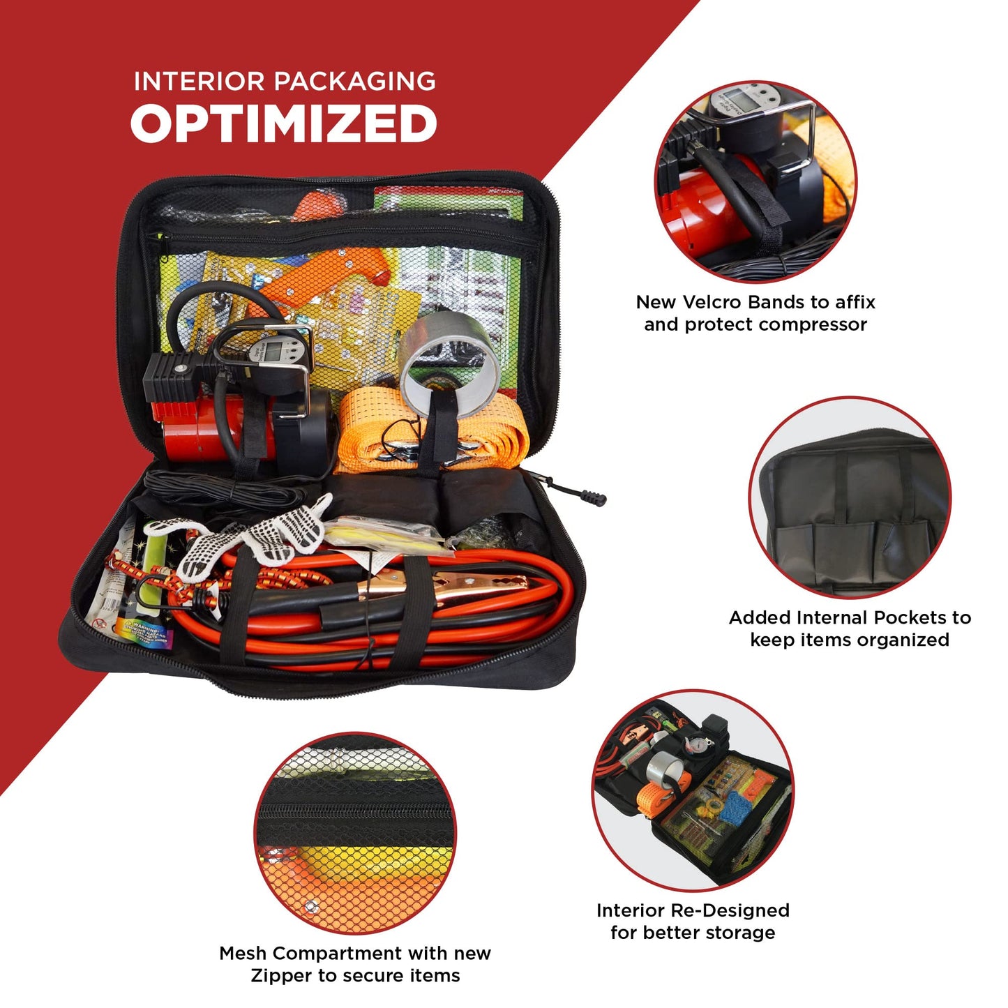 BLIKZONE Red Car Emergency Kit for Vehicles Road Trip, with All the Essentials as Flat Tire Repair, Jumper Cables, Digital Air Compressor, Multitool and All the Car Safety Accessories
