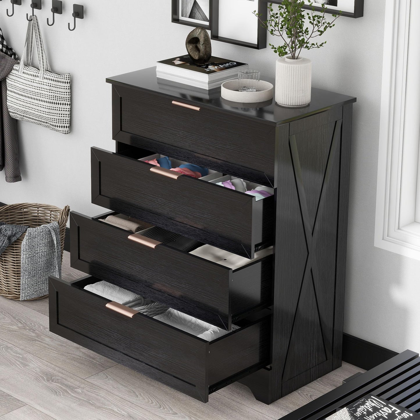 FTZxHKLX Modern 4 Drawer Dresser for Bedroom, Tall Bedroom Dresser with Large Drawer & Rose Gold Handles, Wooden Storage Organizer Cabinet Chest of Drawer for Closet, Living Room, Hallway, Black