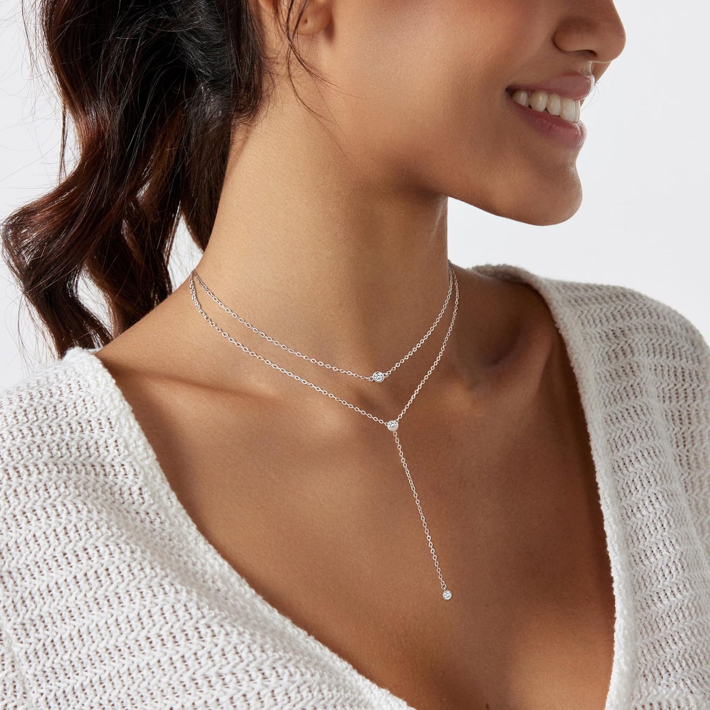 HERIER Silver Necklace for Women Dainty Layered Necklaces for Women Silver Plated Y-Shaped Drop Necklace CZ Long Lariat Necklaces Silver Jewelry Trendy