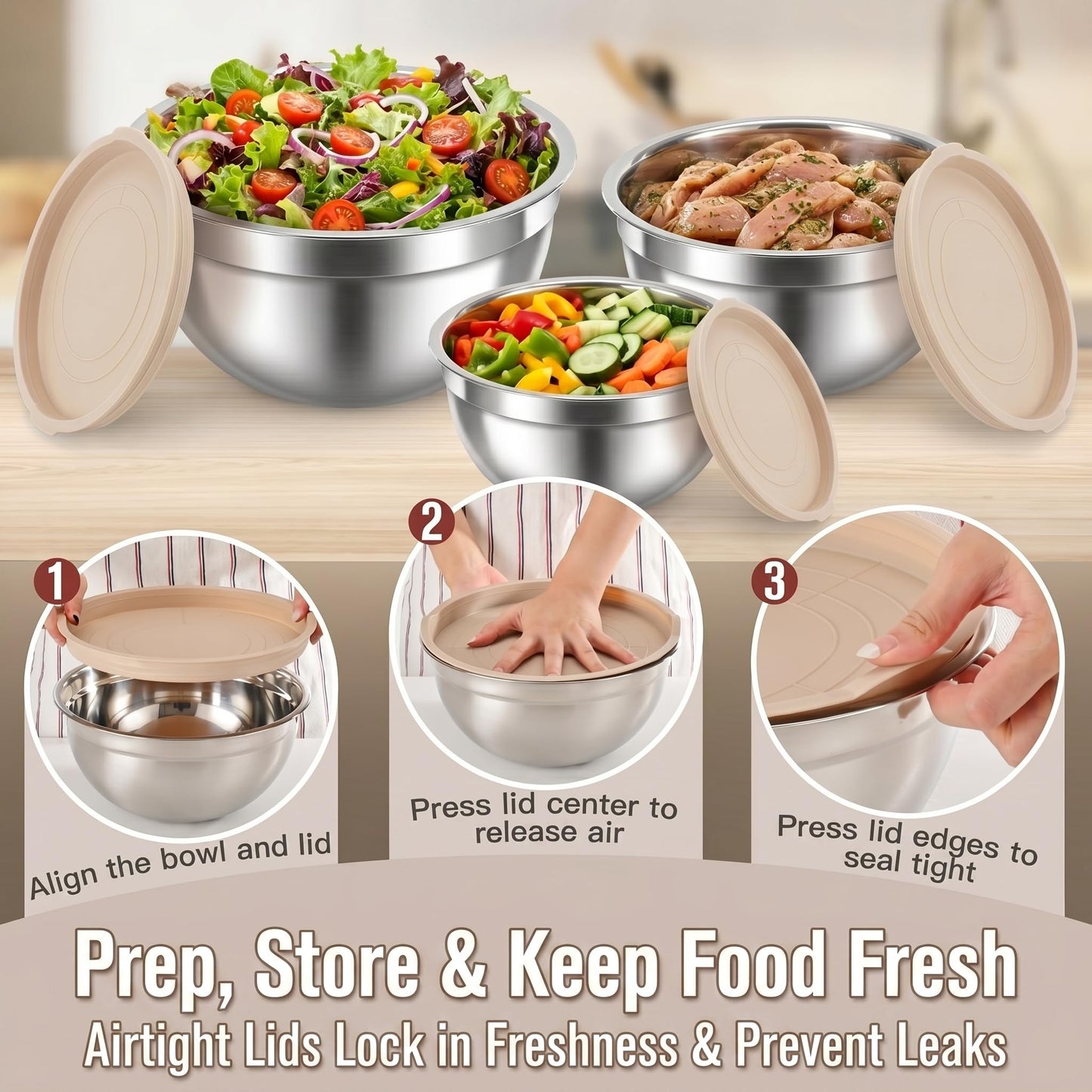 28PCS Mixing Bowls with Airtight Lids Set, Stainless Steel Nesting Prep Bowls with 7 Measuring Cups & 14 Measuring Spoons for Cooking, Baking, Serving, Food Storage, Size 5.5/3.5/2.5/2/1.4/1/0.62QT