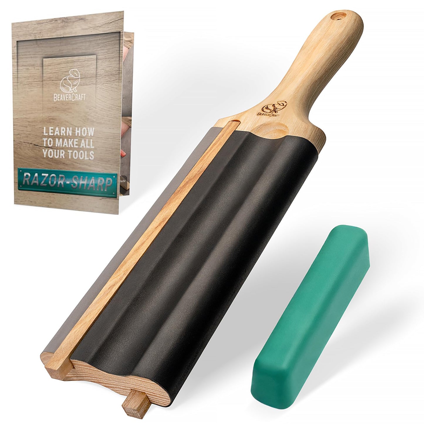 BeaverCraft LS5P1 Wood Carving Strop Wood Carving Gouge Hook Knife Sharpening Honing Tools Strop Stropping Kit Leather Paddle Strop Spoon Carving Tools Sharpening Kit Sharpener with Polishing Compound
