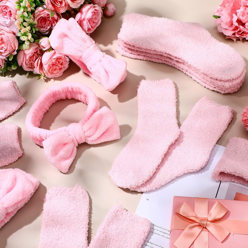 Shyyween 24 Pcs Pink Spa Party Favors Sleepover Party Supplies for Girls Include 12 Spa Headband, 12 Fuzzy Socks for Valentine Galentine Slumber Bachelorette Pajama Gift