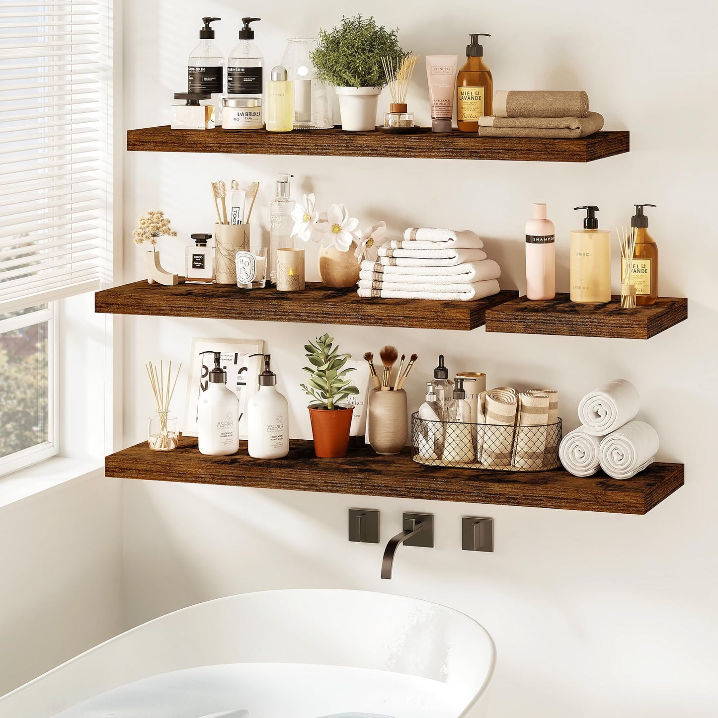 Vivelove Floating Shelves for Wall Mounted, 24 Inch Bathroom Shelves, Display Shelf for Living Room Kitchen Bedroom Office Farmhouse Home Decor, 24" X 9.3" X 1.5" - Set of 2, Rustic Brown