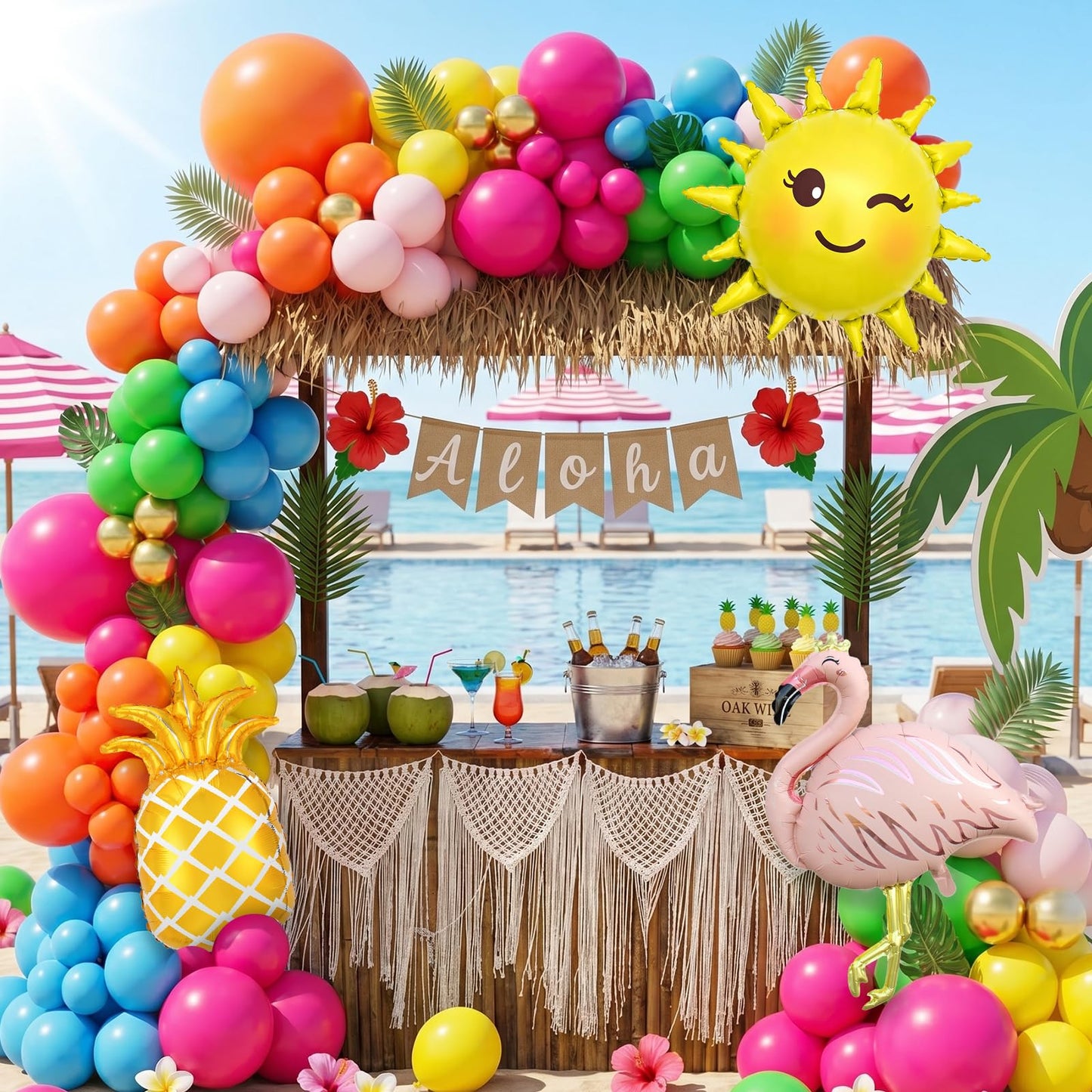 Flamingo Tropical Luau Balloon Arch Garland Kit, Hot Pink Green Yellow Blue Orange Gold Hawaiian Flamingo Pineapple Foil Balloons, Palm Leaves for Summer Beach Aloha Pool Birthday Party Decorations