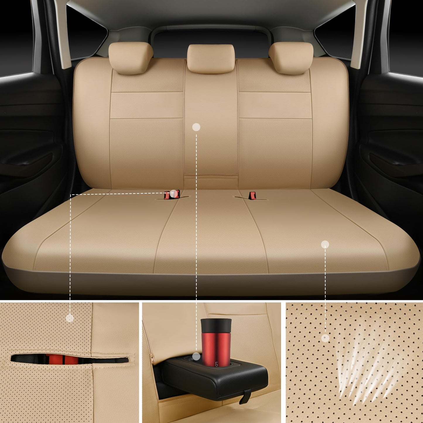 CAR PASS Leather Seat Covers Full Set Universal Water Resistant 3D Foam Back Support, Luxury Comfort Automotive 5 Seat Covers All Season Fit for SUV,Sedan,Van, Airbag Compatible Elegance (Beige)