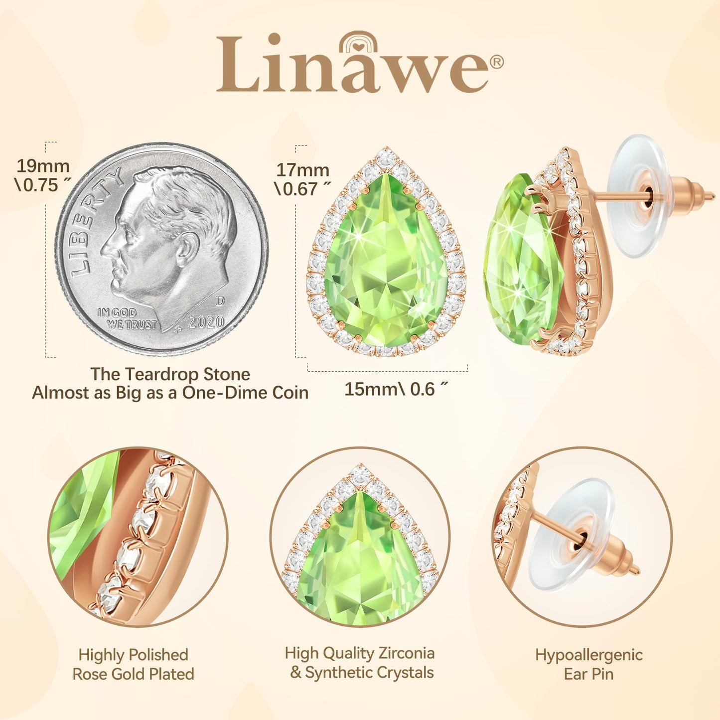 Linawe Green Imitation Diamond Morganite Stud Earrings for Women, Cubic Zirconia Rhinestone Crystal Iridescent Teardrop Earrings Studs Rose Gold, Wedding Bridal Bridesmaid Earrings