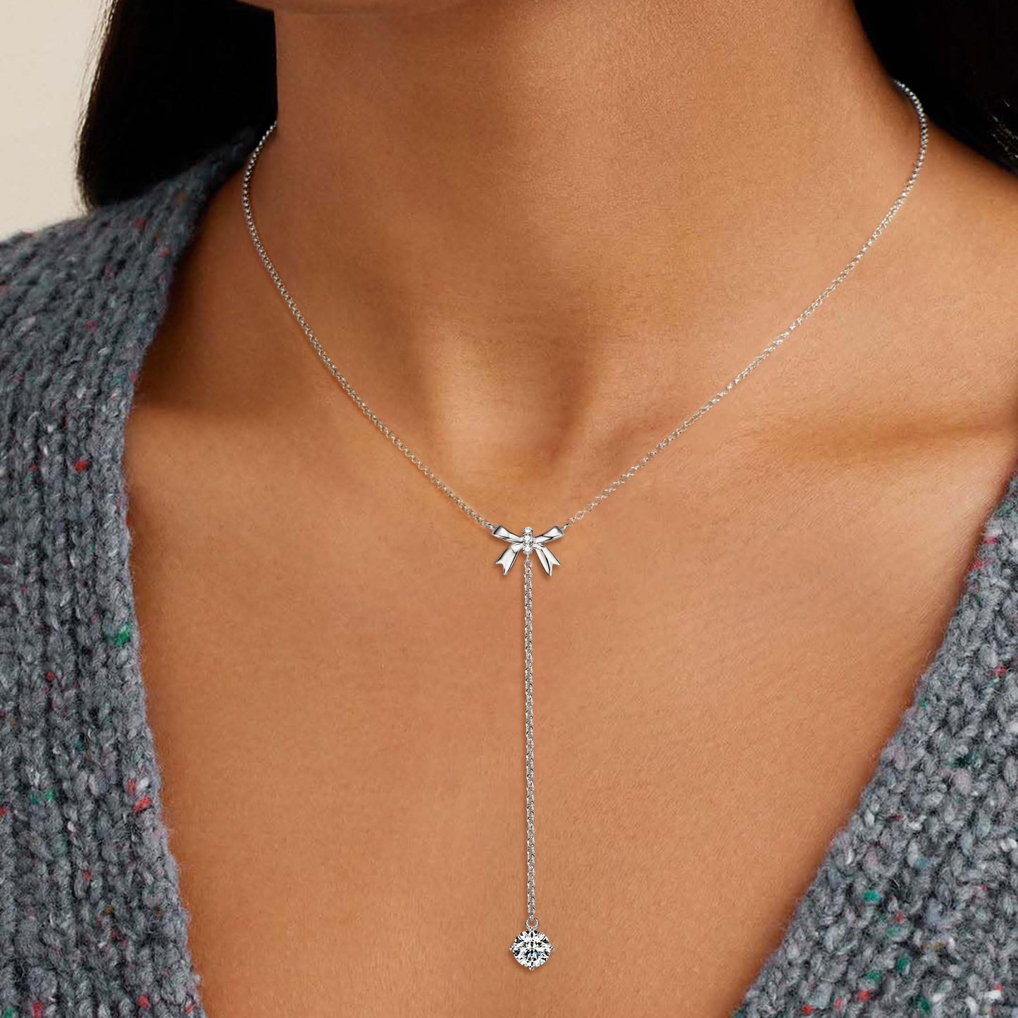 AINUOSHI Moissanite Bow Lariat Necklace for Women 925 Sterling Silver Y-Shaped Linear Drop Chain Necklaces Dainty Long V-Neck Layered Necklaces Anniversary Birthday Gifts for Wife Her