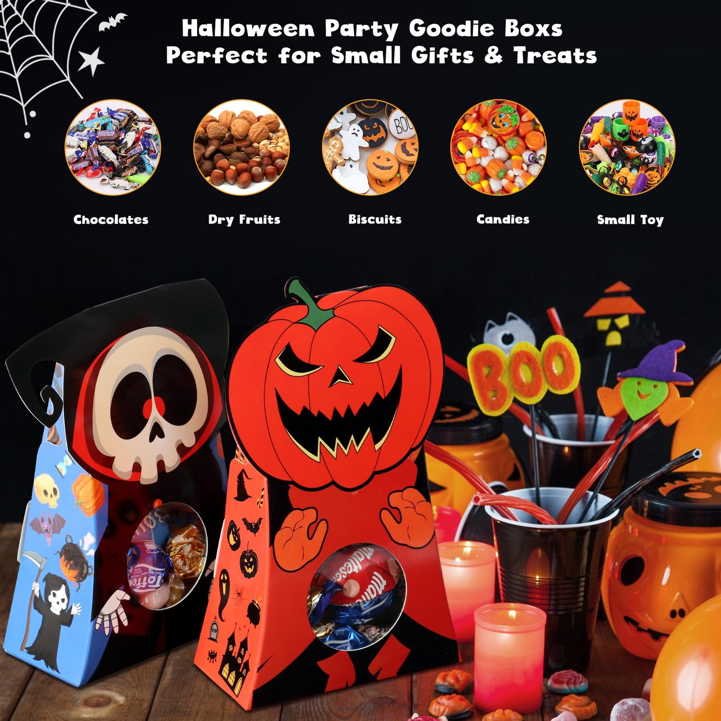 Giiffu 54-Pack Halloween Treat Boxes with Clear Window - 9 Designs Trick or Treat Candy Bags for Kids Party Favors Supplies, Classroom Exchange (6 x 4 x 2 Inches)