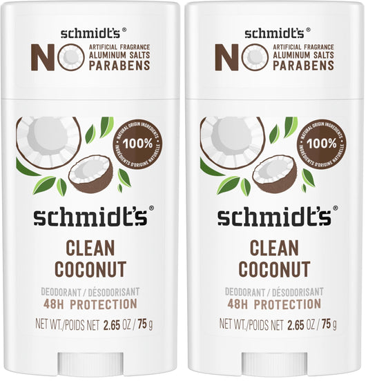 Schmidt's Aluminum-Free Vegan Deodorant Clean Coconut for Women and Men, with 24 Hour Odor Protection, Natural Ingredients, Cruelty-Free, 2.65 oz (Pack of 2)