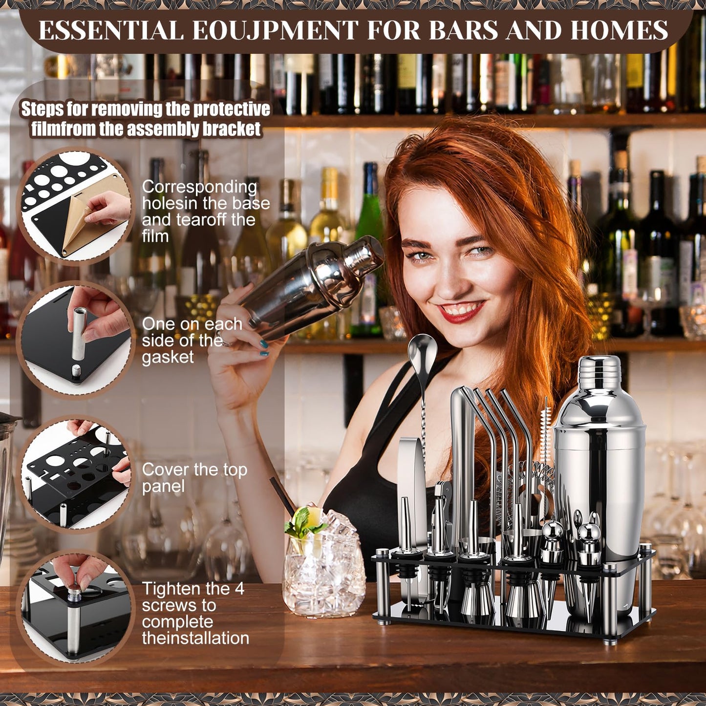 Acellegic 28 Pcs Cocktail Shaker Set and Bartender Kit with Stand, 18 x 12 Inch Folding Bar Mat with Cutting Board, 3 Tier Bar Glass Rimmer, Liquor Pour Spout Bartender Tool Gift for Home and Mixology