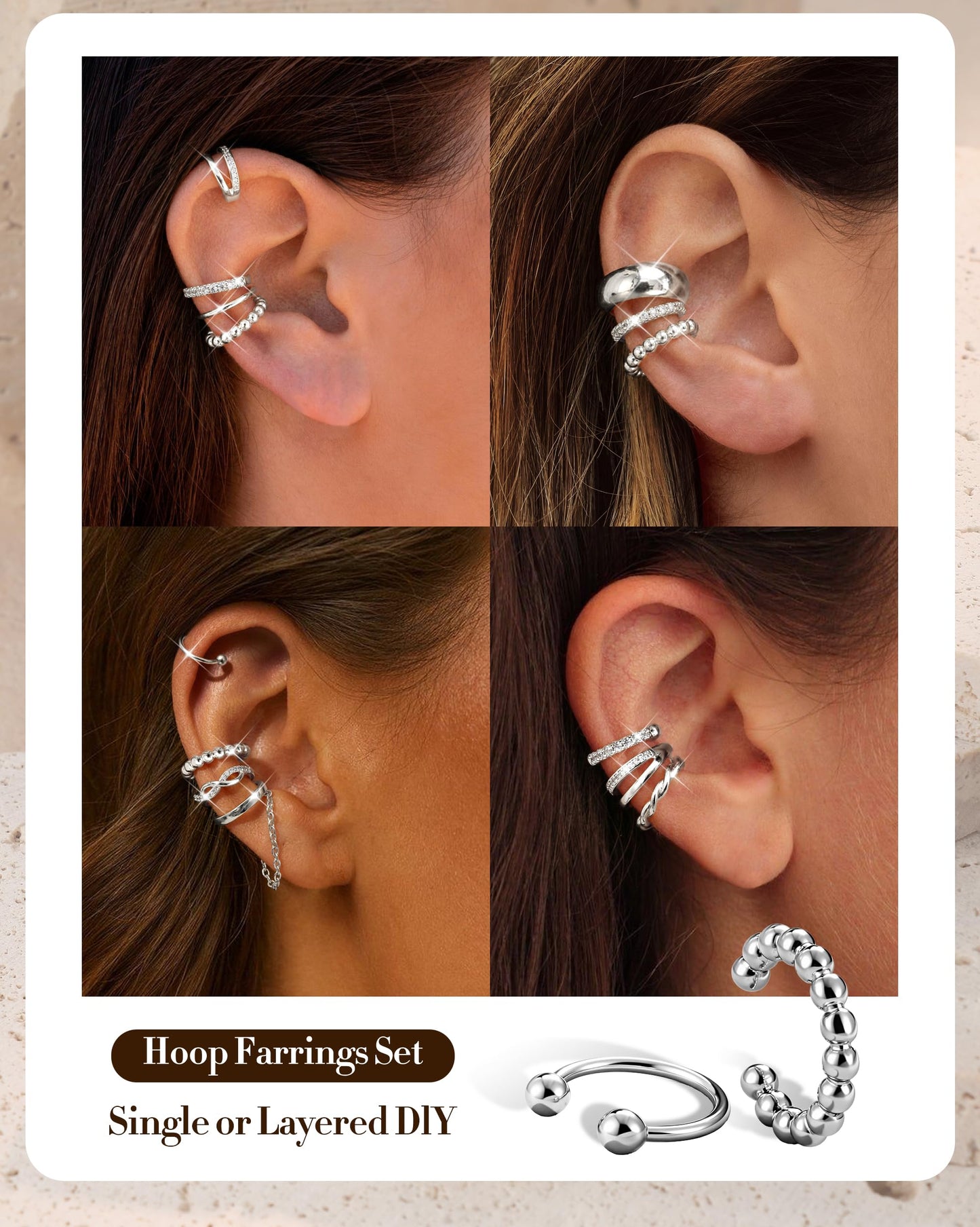 9PCS Ear Cuff Earrings for Women Non Piercing Silver Plated - Hypoallergenic Adjustable Ear Cuffs Trendy Non Tarnish Clip on Cartilage Fake Earring Stacks Wrap Jewelry