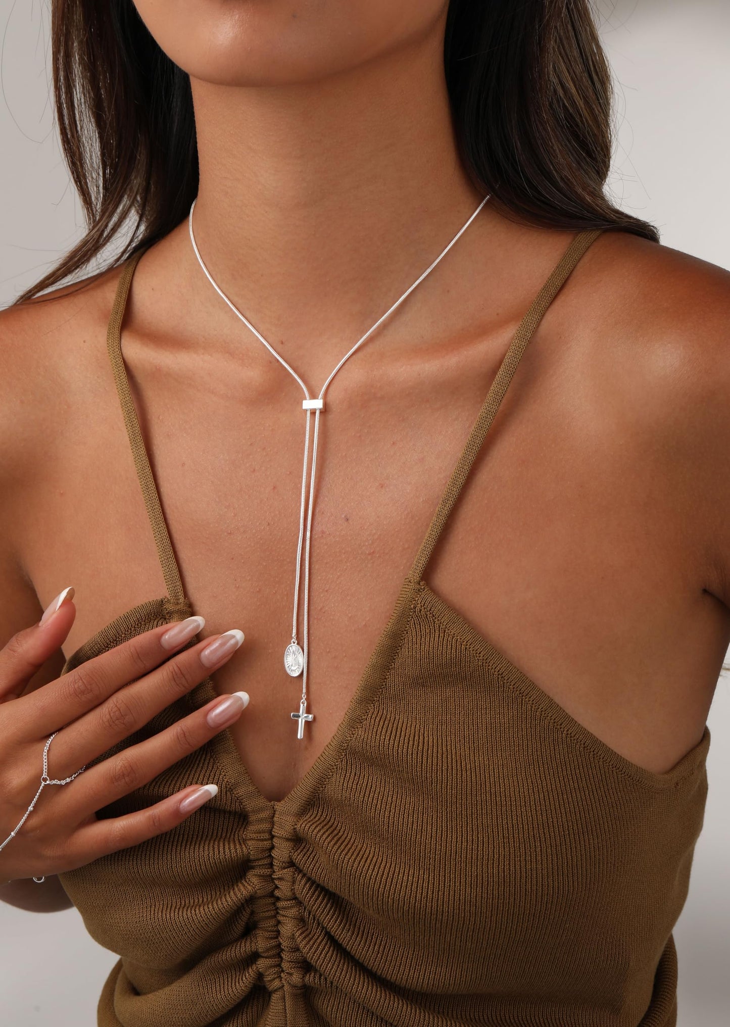 CHESKY Sliver Plated Long Necklace for Women Y Shaped Necklace Rosary Cross Drop Pendant Necklace Dainty Necklace Trendy Christian Jewelry