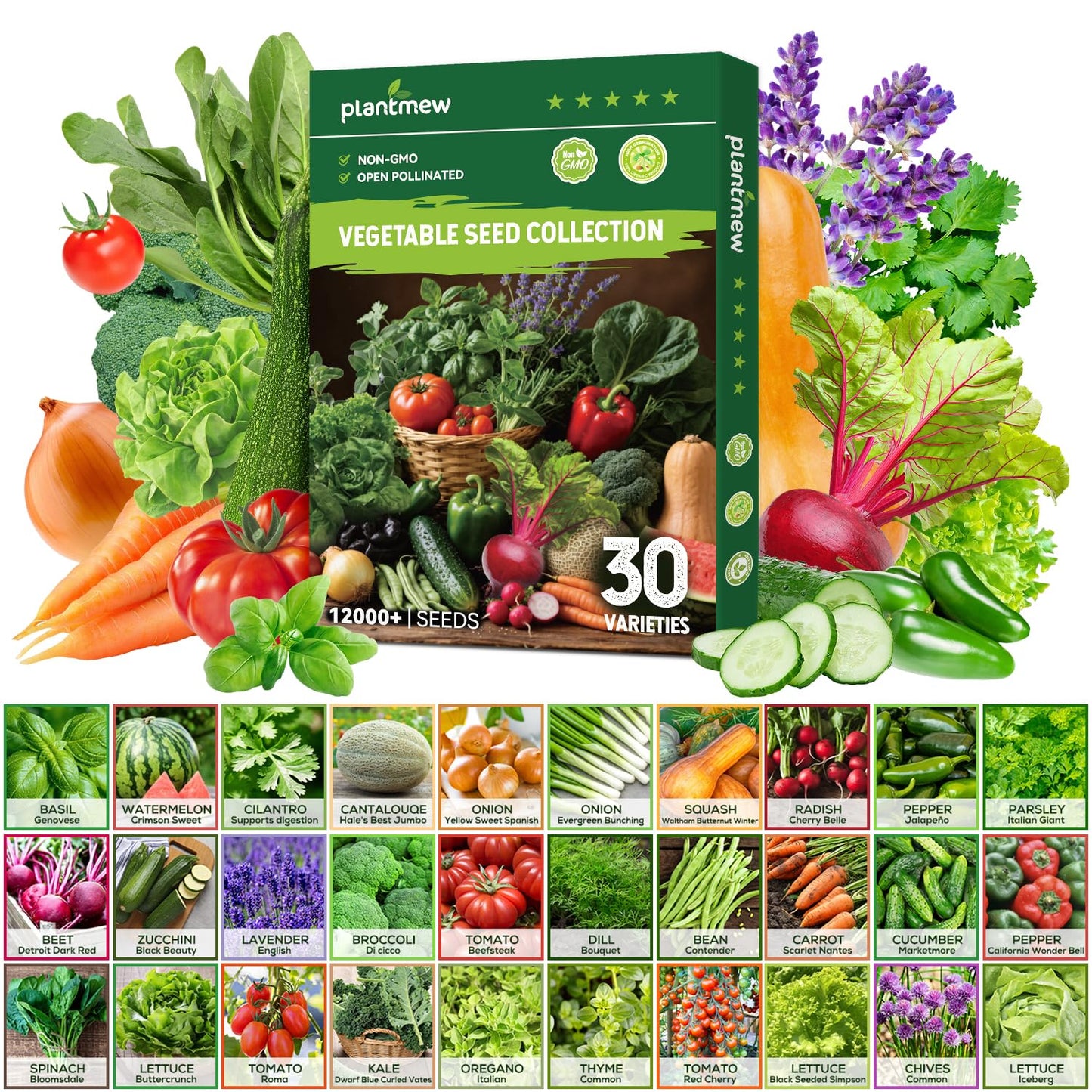 PLANTMEW 30 Heirloom Vegetable Seeds for Planting, 12,000+ Garden Seeds - Vegetable, Herb, Fruit Seeds - Survival Seed Vault with Tomato, Basil, Lettuce, Bean, Pepper, Squash and More