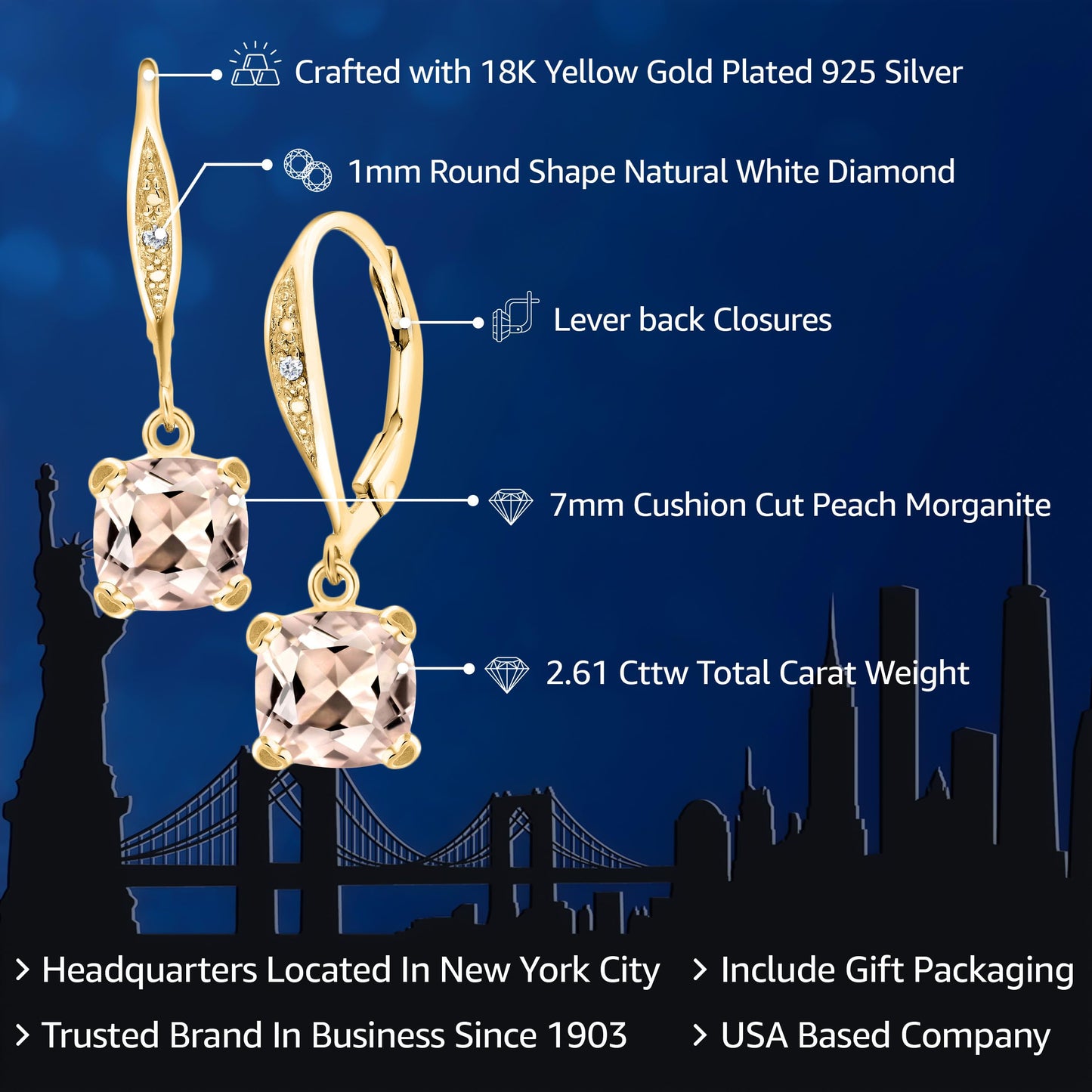 Gem Stone King Drop Dangle Earrings For Women | 7MM Cushion Cut Gemstone Birthstone and Diamond | 925 Sterling Silver | Jewelry Gift for Mom Wife Her | Morganite-October | Yellow Gold