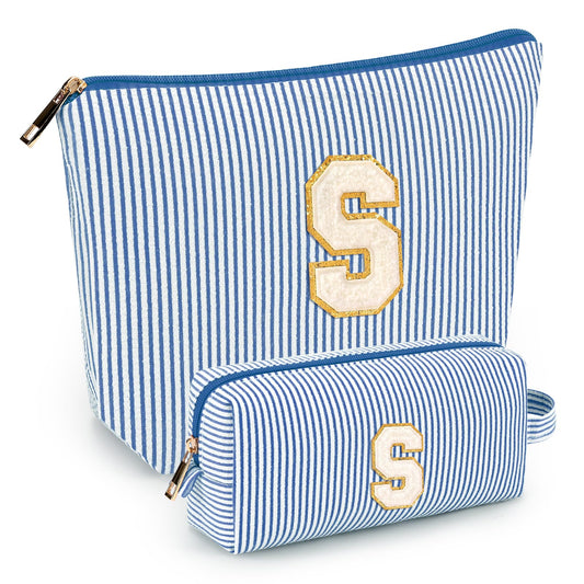 2 PCS Initial Makeup Bags for Women: Cosmetic Bag for Travel Toiletry - Birthday Gifts for 11 12 13 14 15 16 17 18 Years Old Girl Graduation Teacher Gift- Teen Girl Gifts Trendy Stuff - Blue S