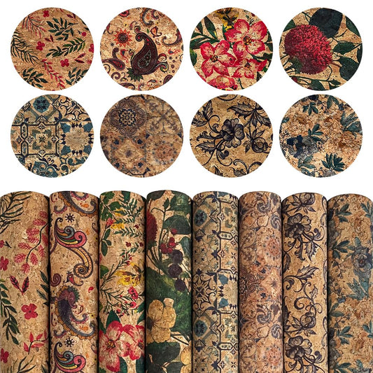 8 Pcs Colorful Cork Fabric, Soft Natural Texture Cork Faux Leather Sheets Floral Pattern DIY Crafts Fabric