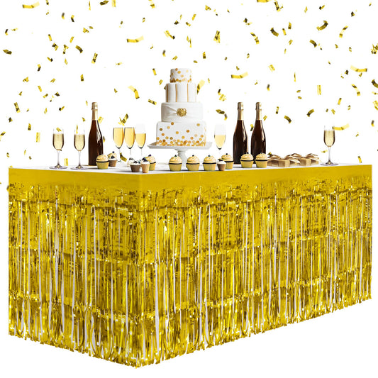 2 Pack Gold Table Skirts, 29x108" Metallic Foil Tinsel Fringe Table Skirts for Rectangle Tables Streamer Curtains Backdrop, Party Decorations for Birthdays Weddings Holidays