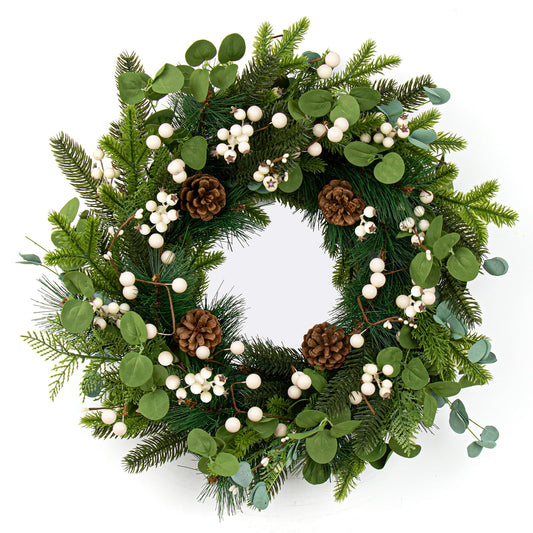 20 Inches Vintage Christmas Wreath Classic Winter Wreaths for Front Door Rustic Holiday Winter Wreath with White Berry Pine Cones for Doors Windows Indoors Outside Hanging Decoration