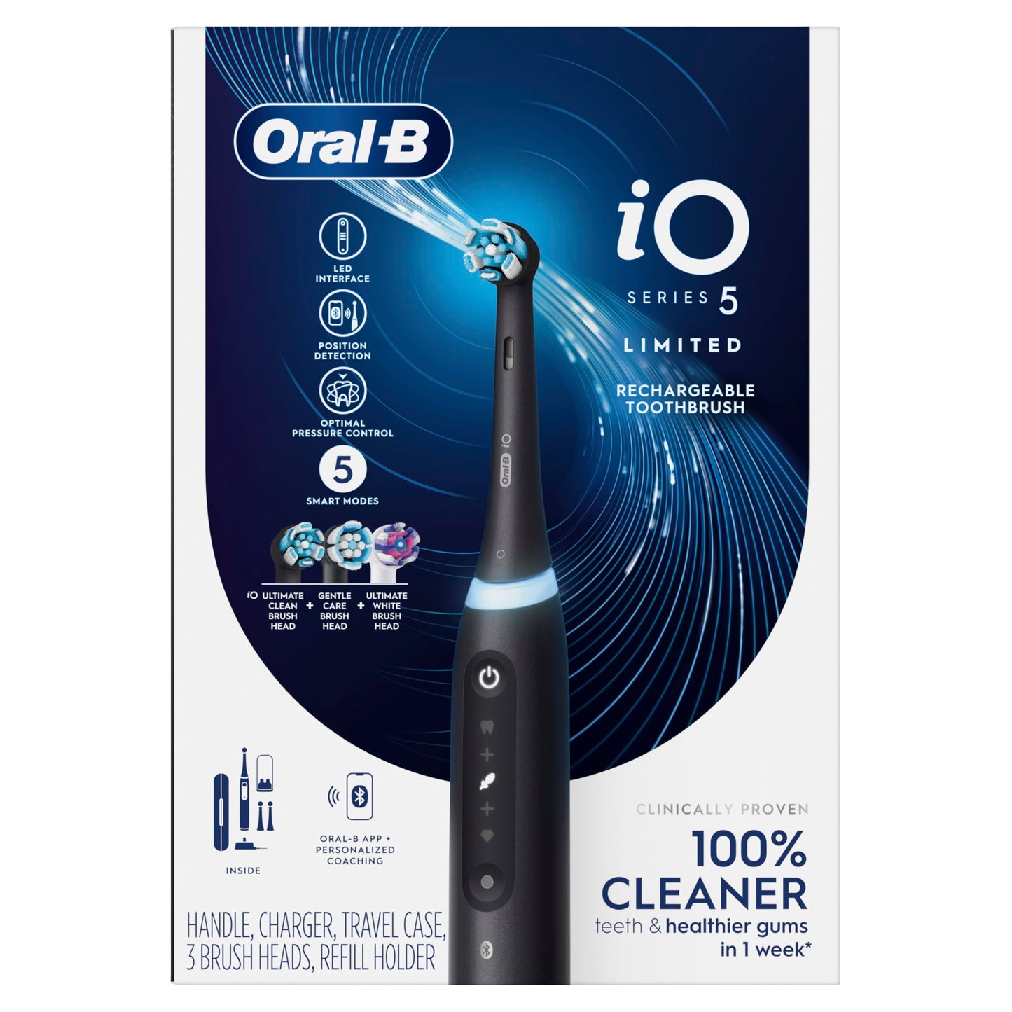 Oral-B Rechargeable Electric Toothbrush, iO5 Limited Deep Clean & Whiten, 5 Cleaning Modes, Visual Pressure Sensor to Protect Gums, Travel Case, 3 Brush Heads, Black