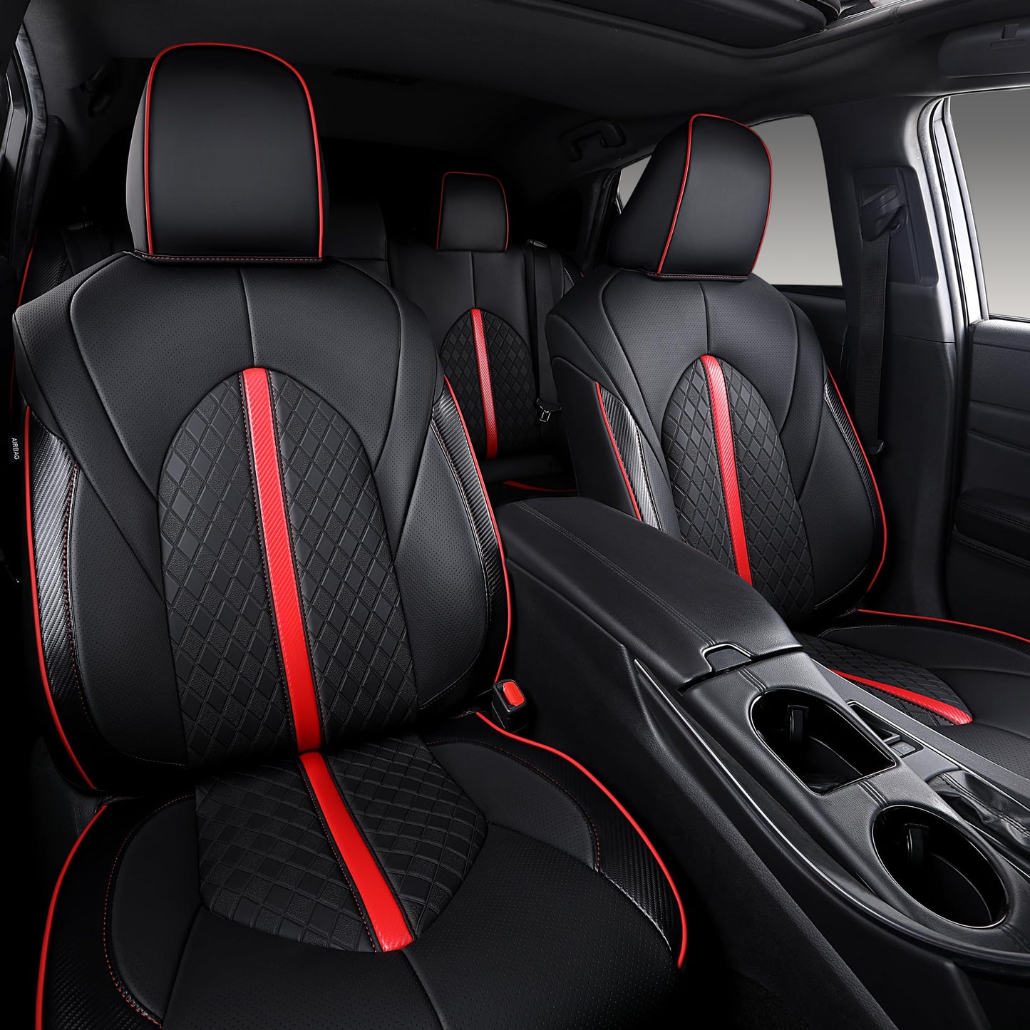 OURPLOT Custom Fit Camry Seat Covers for 2018-2024 Toyota Camry Hybrid LE SE, Waterproof Faux Leather Full Coverage Car Seat Protectors Full Set (Black+Red)