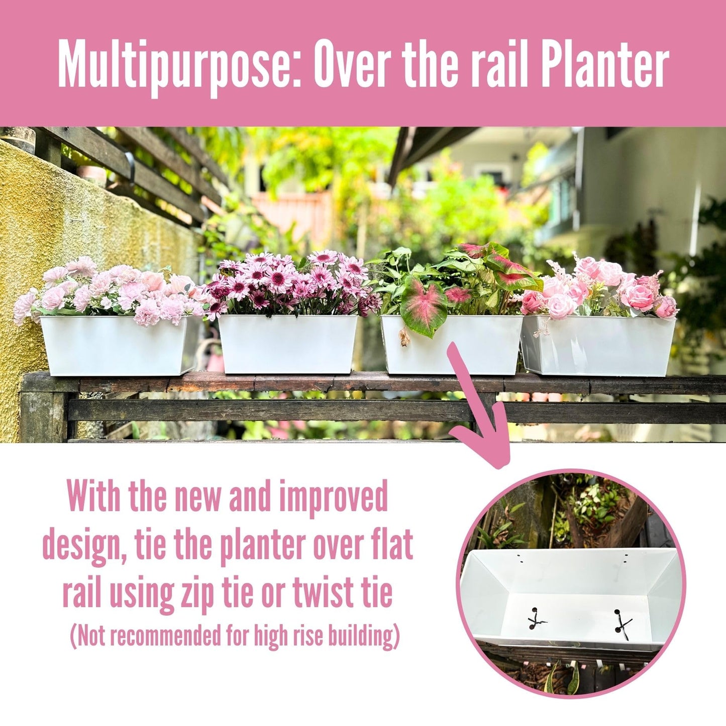 LaLaGreen Rail Planters (6 Pack, 14 Inch) White Metal Rectangle Window Boxes Outdoor, Strawberry Balcony Garden Deck Railing Fence Hanging Flower Pots with Detachable Hook Patio Porch Minimalist Decor