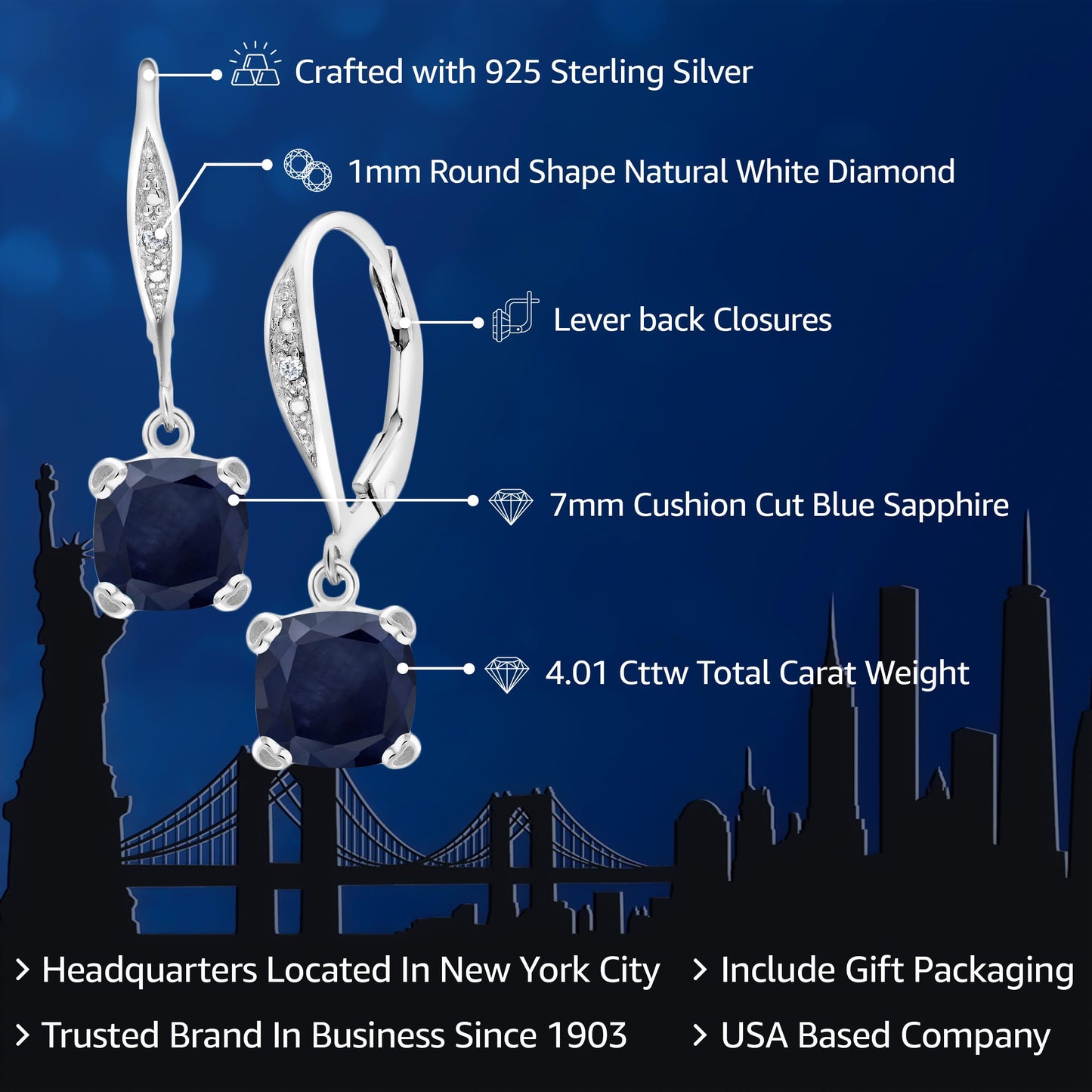 Gem Stone King Drop Dangle Earrings For Women | 7MM Cushion Cut Gemstone Birthstone and Diamond | 925 Sterling Silver | Jewelry Gift for Mom Wife Her | Blue Sapphire-September | Sterling Silver