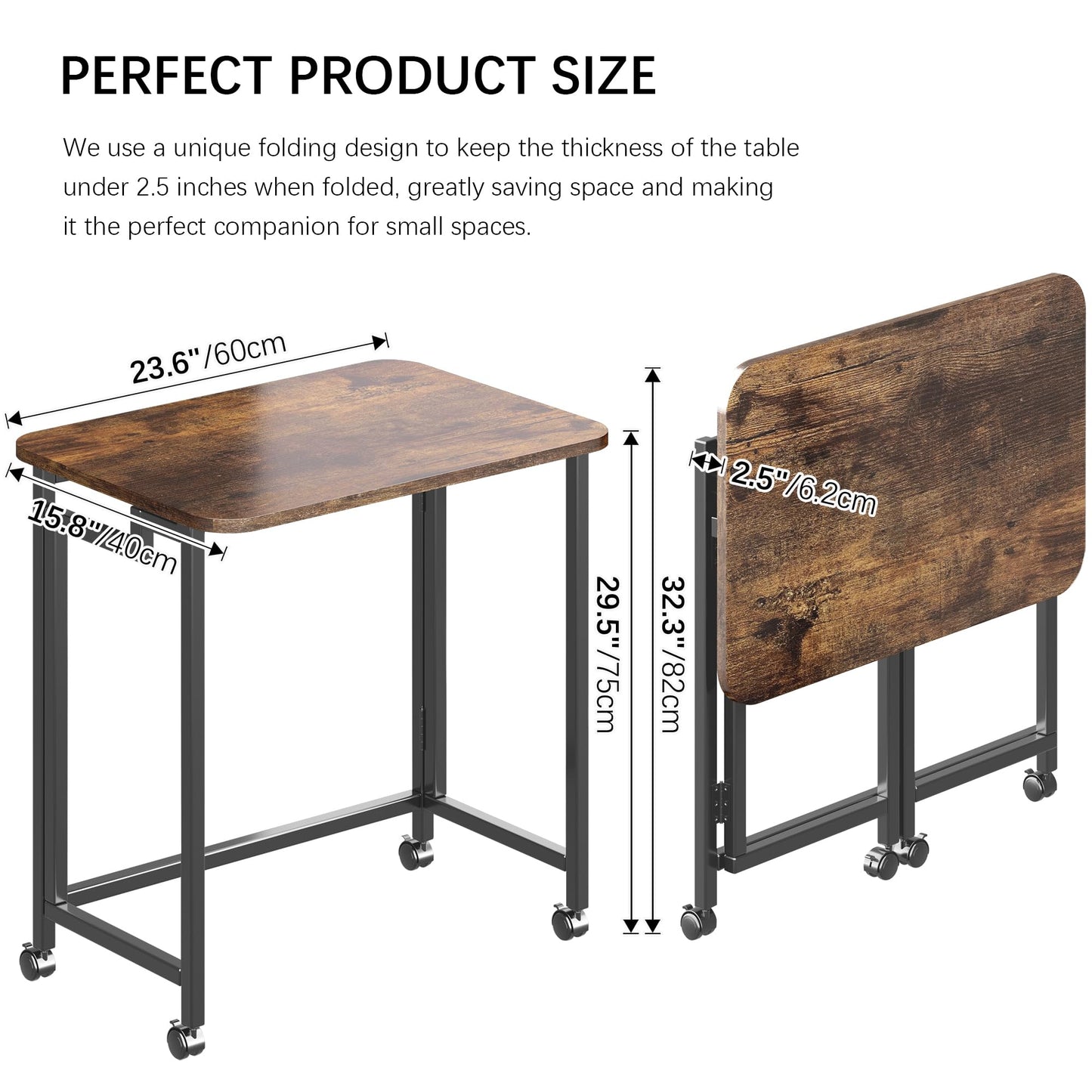 JSB Small Folding Computer Desk with Wheels Writing Modern Industrial Work Table Laptop for Home Office (Rustic & Brown, 23.6")