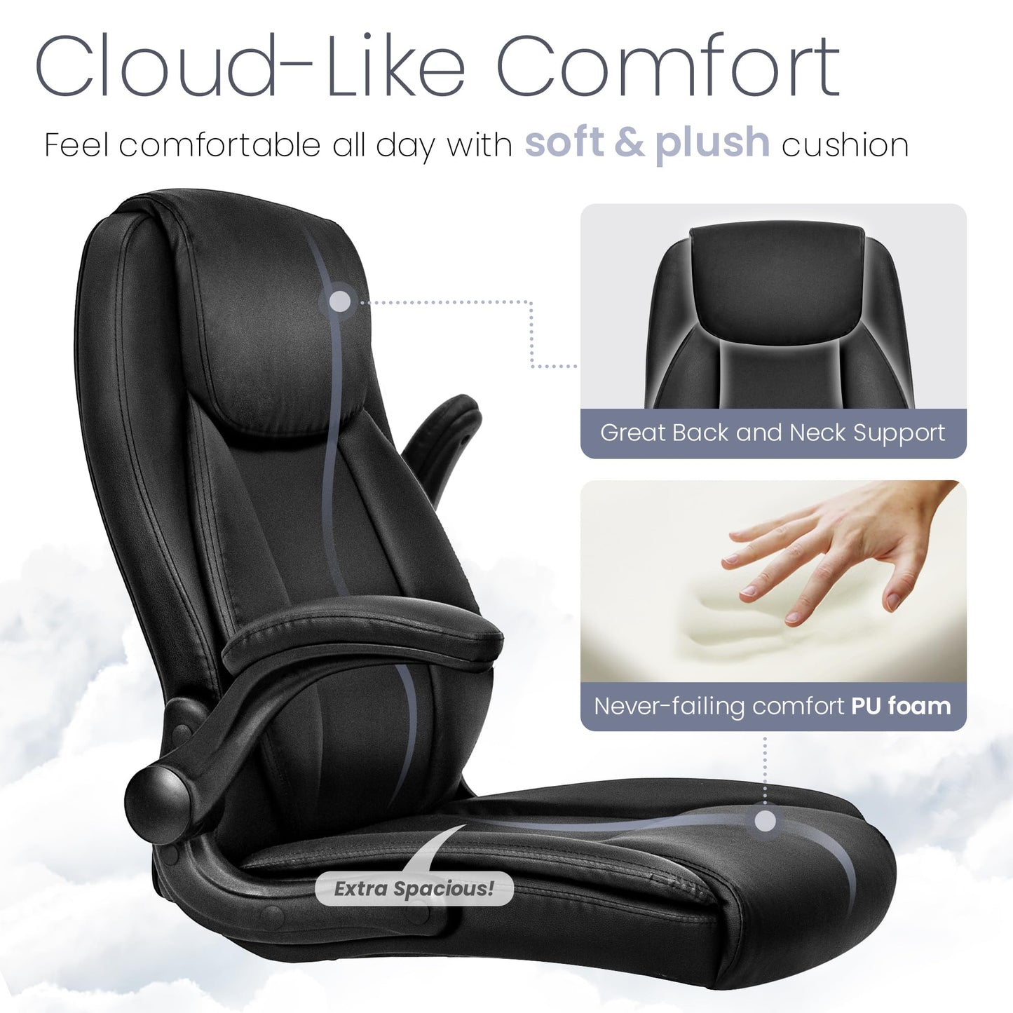 NEO CHAIR Ergonomic Office Desk Gaming Computer Chair Executive High Back Support Flip-up Arms Adjustable Height Swivel Rolling Wheels Comfy PU Leather for Home (Black)