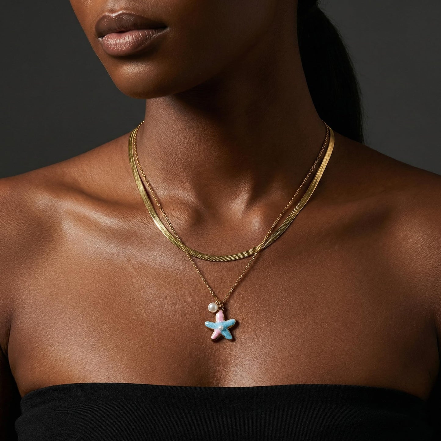 Harlermoon Gold Starfish Necklace for Women - 18K Gold Plated Stainless Steel Ocean Beach Jewelry, Sea Turtle Shell Pearl Pendant, Waterproof Non Tarnish Snake Chain Choker, Summer Vacation Mermaid Gifts (Small Starfish Snake Chain)