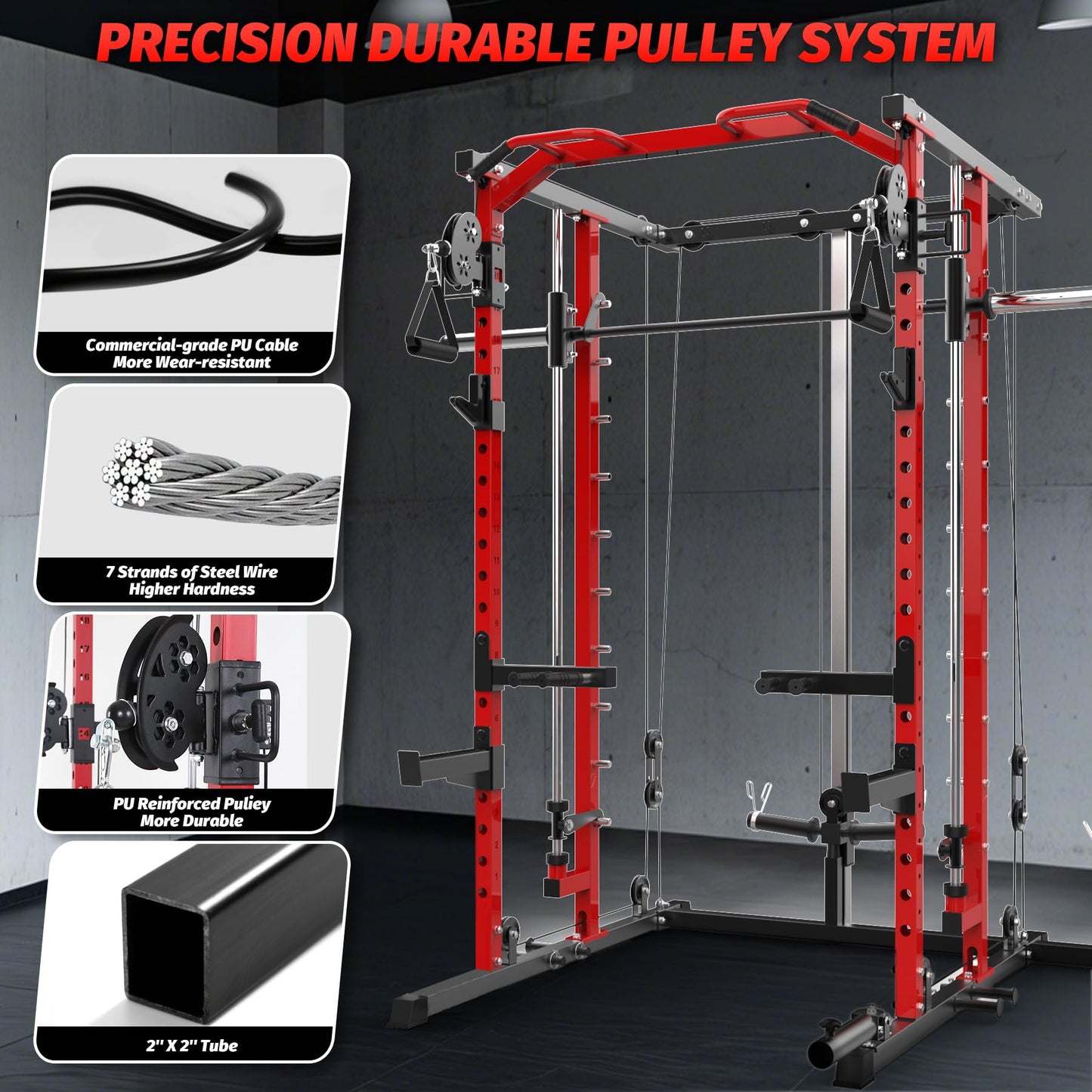 GarveeLife Power Cage, Smith Machine Squat Rack, Heavy Duty Power Rack for Home Gym with Pulley System, Dip Bar, LAT Pulldown, Multifunctional Squat Rack for Home Gym, Red