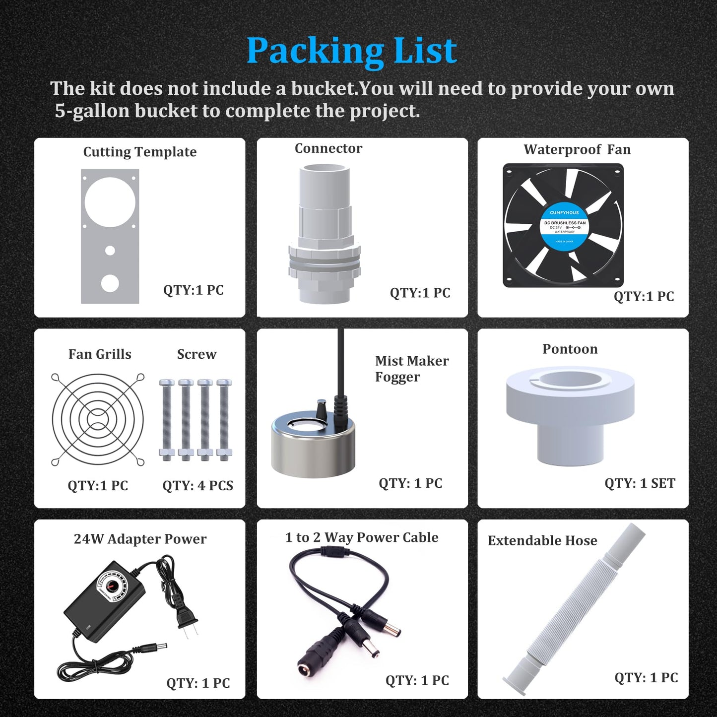 19L Large Capacity DIY Humidifier Kit - for Plants, Mushrooms, Grow Tents, Terrarium | Turns a 5 Gallon Bucket into Cool Mist Humidifier, Extendable Hose, High Output, Long Runtime (1 Fogger Kit)