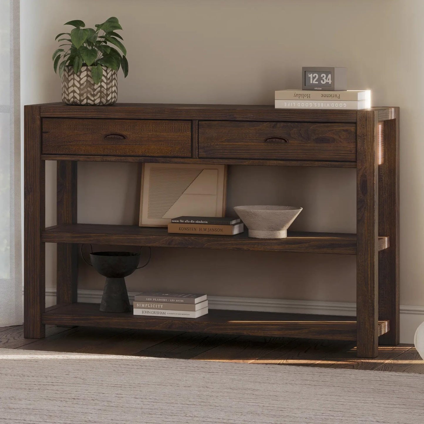 Grain Wood Furniture Montauk Console Table, Solid Wood with a Rustic Walnut Finish