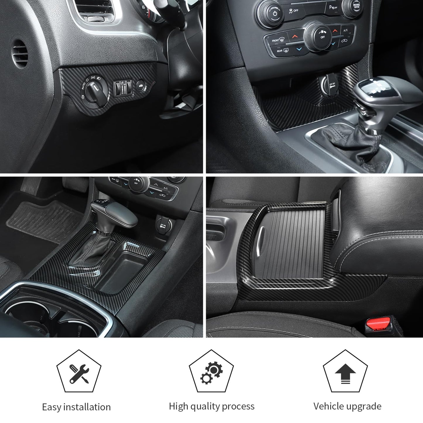 JWWY Dashboard Carbon Fiber Interior Trim Kit Cover Fit for 2015-2025+ Dodge Charger, Gear Shift Panel Console Outlet Vent Cup Holder Navigation Panel Headlight Switch Cover,20Pcs