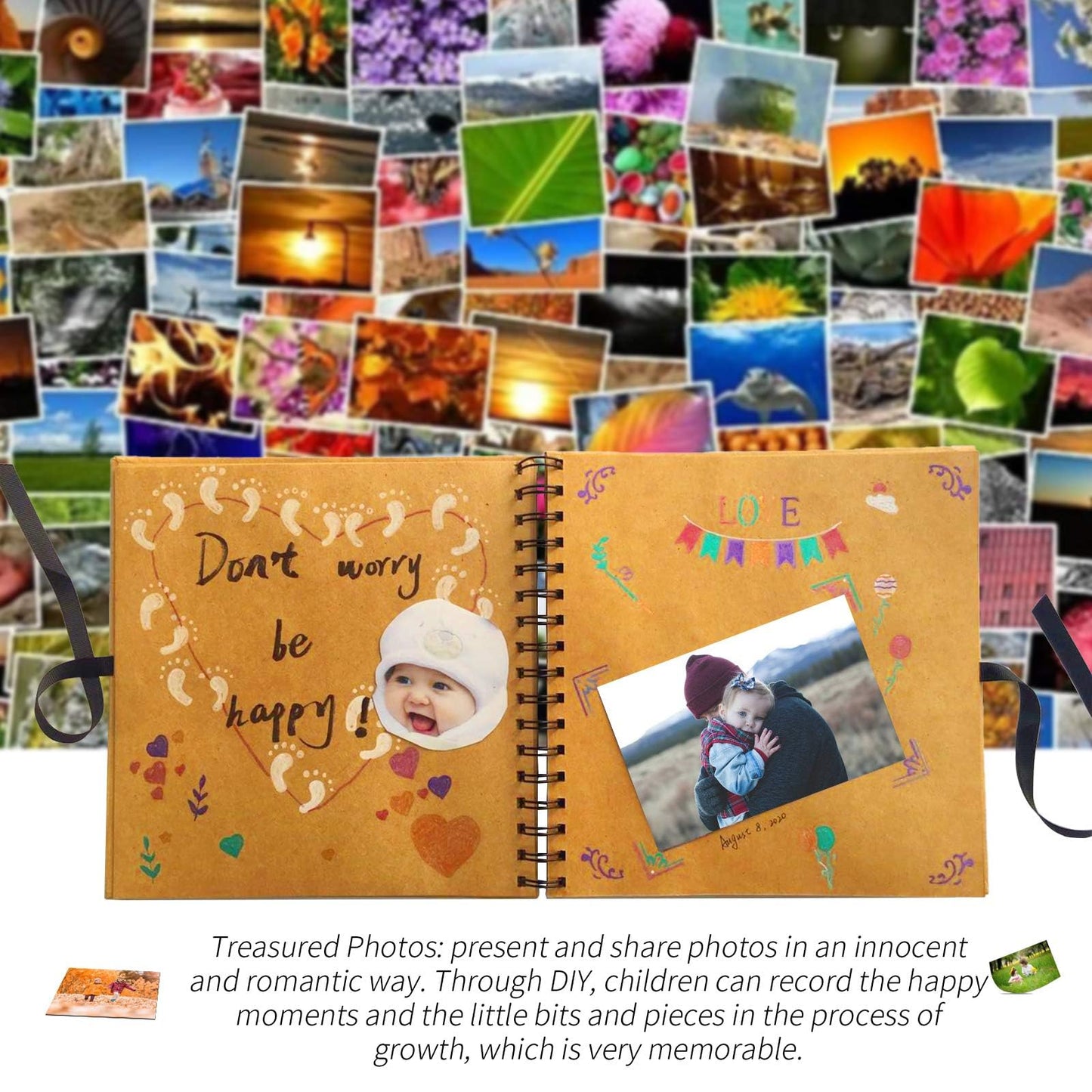 DIY Scrapbook Photo Album Kraft Paper Cover with Adhesive Pellets for Anniversary Wedding Travelling (No lettering on the cover)