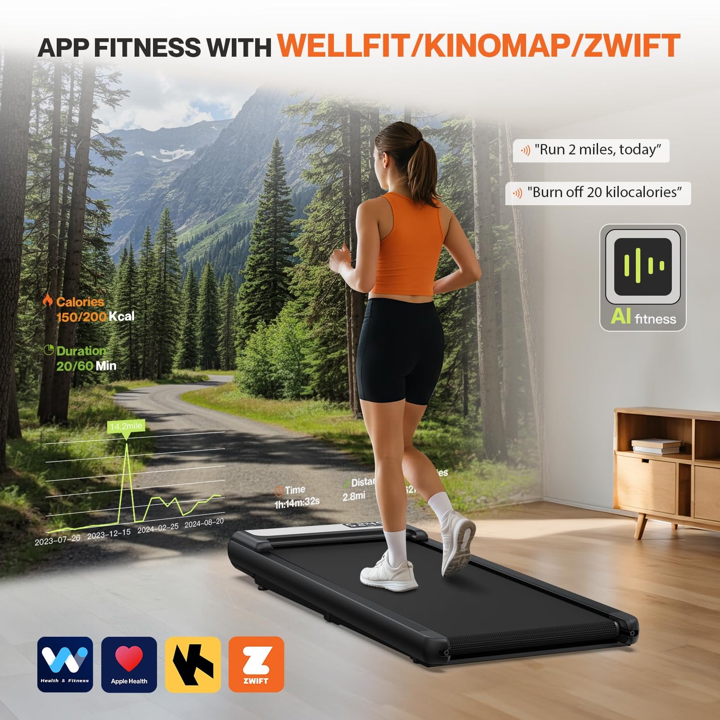 COZYINN Under Desk Walking Pad Treadmill with 10% Incline, Quiet Portable Walking Pad for Home Office Small Space, 265LB Capacity Walking Pads Voice Remote Control Smart Treadmill Works with KINOMAP