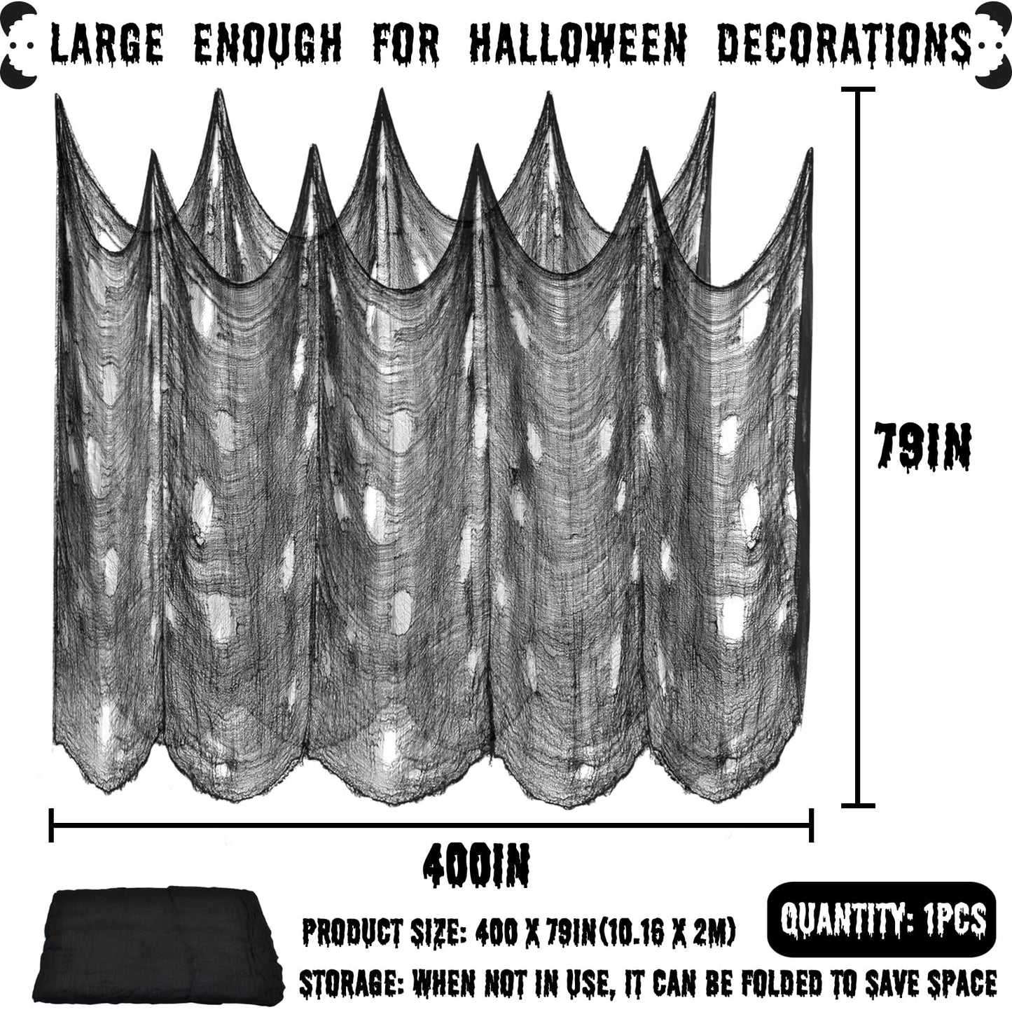 ZeeDix Halloween Black Creepy Cloth 79 x 400in Giant Spooky Cheesecloth Decoration Scary Gauze Cloth for Halloween Party Supplies Haunted Houses Outdoor Yard Home Wall Doorways Decor