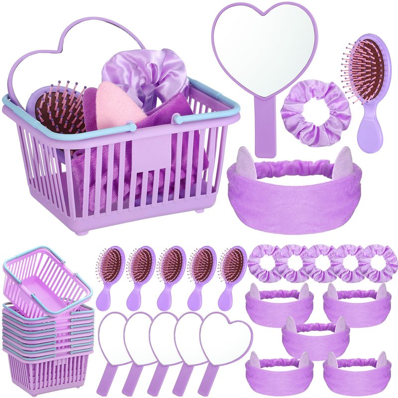 SiliFine 32 Pcs Spa Party Supplies Sleepover Party Favors with 8 Lovely Basket 8 Heart Shaped Mirror 8 Headbands 8 Satin Hair Scrunchies 8 Hair Brush for Spa Birthday Party Gift(Purple)