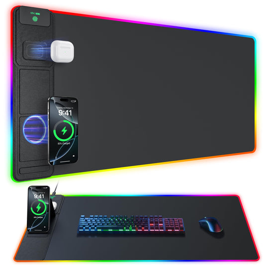 abc.mat 4-in-1 RGB Gaming Mouse Pad with Wireless Charging & Phone Stand, 31.5"x15.8" Large, 24 Light Effects, Non-Slip Base, Waterproof Ultra-Smooth Surface, with Adatper, No Adatper
