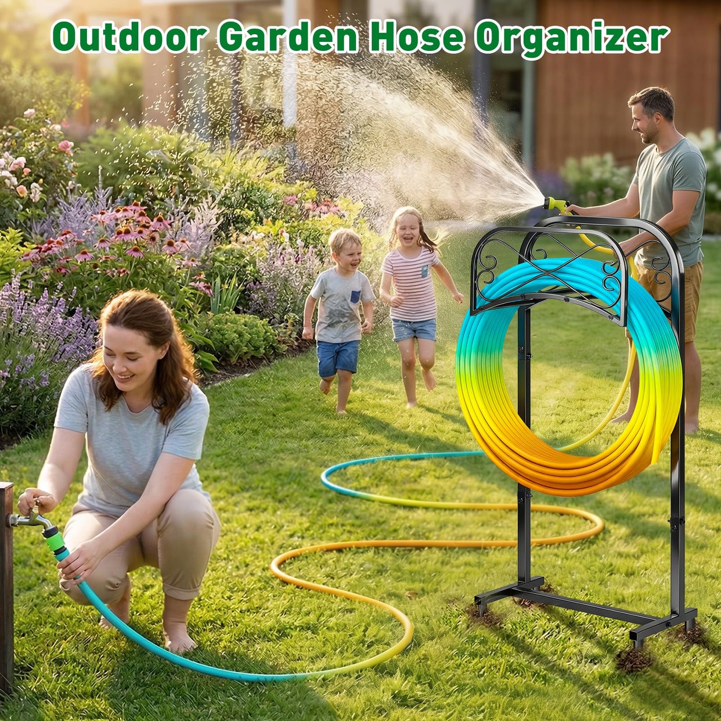 Gtongoko Garden Hose Holder for Outside 43 In With 4 Prongs Base Detachable Metal Water Hose Holder Freestanding Heavy Duty Organizer Holds 150FT Stand Hanger for Outdoor Yard Black